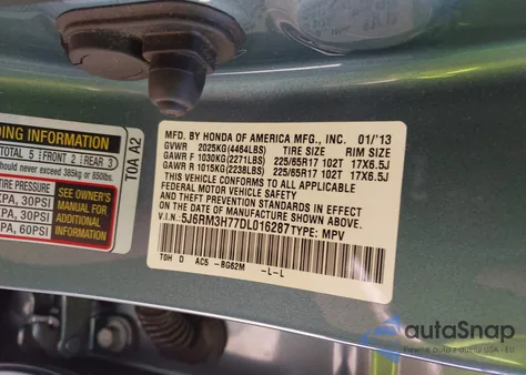 2013 Honda Cr-V Ex-L z USA, uszkodzony, nr VIN 5J6RM3H77DL016287